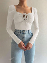 Women's Solid Color Hollow Out Lace-Up Front Long Sleeve Cropped Casual T-Shirt, Spring & Summer